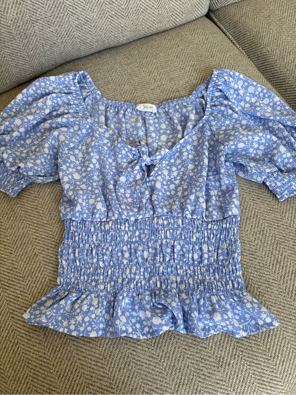 Sienna Sky Blue Floral Smocked Peplum Puff-Sleeve Top